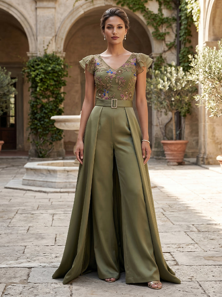 Jumpsuit V Neck Flutter Sleeves Floor-Length Mother of the Bride Dresses with Belt &amp; Applique