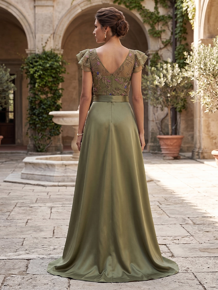Jumpsuit V Neck Flutter Sleeves Floor-Length Mother of the Bride Dresses with Belt &amp; Applique