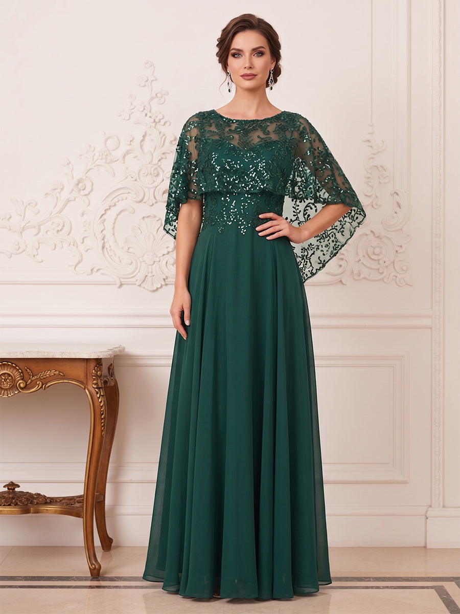 A-Line/Princess Scoop Short Sleeves Floor-Length Mother of the Bride Dresses with Applique &amp; Beading