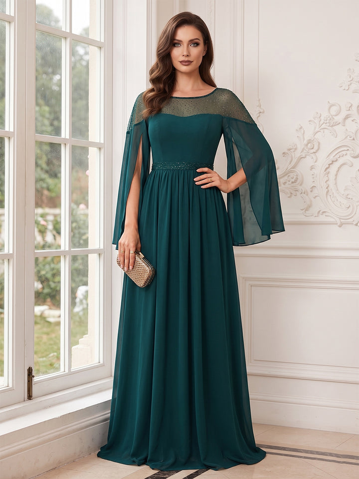 A-Line/Princess Long Sleeves Crew Neck Floor-Length Mother of the Bride Dresses with Pleats