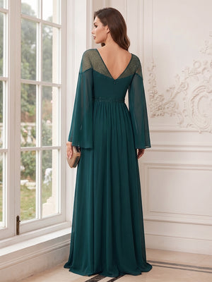 A-Line/Princess Long Sleeves Crew Neck Floor-Length Mother of the Bride Dresses with Pleats