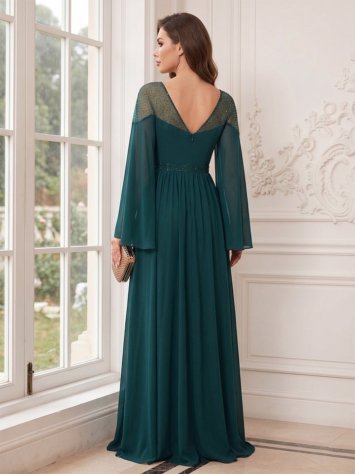A-Line/Princess Long Sleeves Crew Neck Floor-Length Mother of the Bride Dresses with Pleats