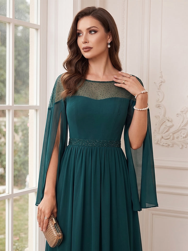 A-Line/Princess Long Sleeves Crew Neck Floor-Length Mother of the Bride Dresses with Pleats