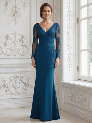 Trumpet/Mermaid V-Neck Long Sleeves Floor-length Mother of the Bride Dresses with Lace & Appliques