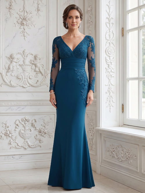 Trumpet/Mermaid V-Neck Long Sleeves Floor-length Mother of the Bride Dresses with Lace & Appliques