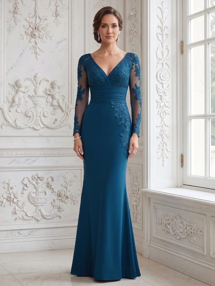Trumpet/Mermaid V-Neck Long Sleeves Floor-length Mother of the Bride Dresses with Lace &amp; Appliques