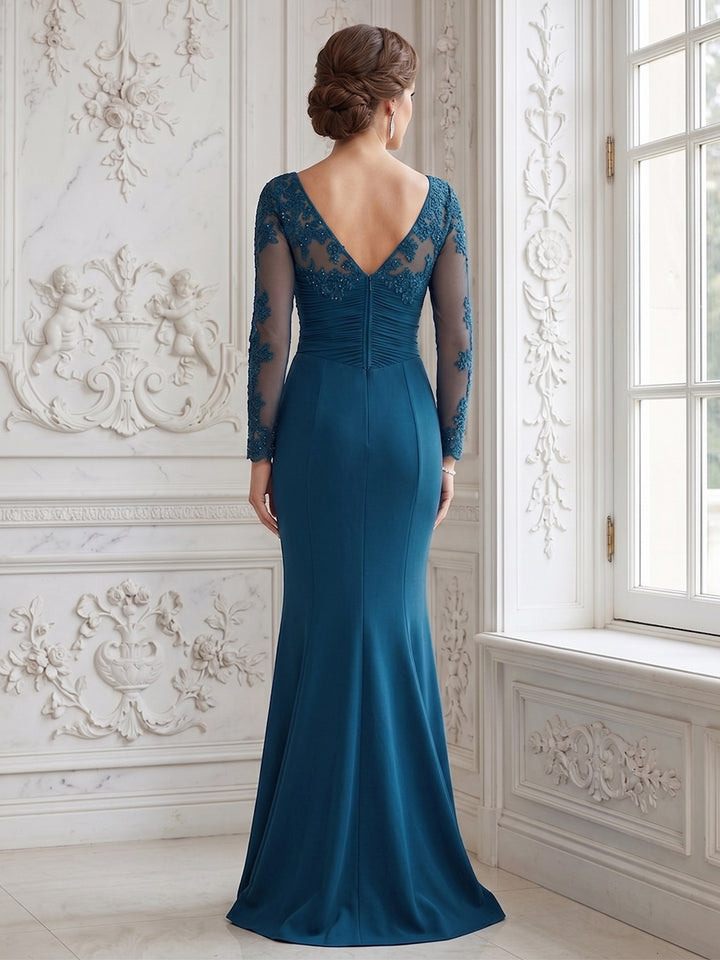 Trumpet/Mermaid V-Neck Long Sleeves Floor-length Mother of the Bride Dresses with Lace &amp; Appliques