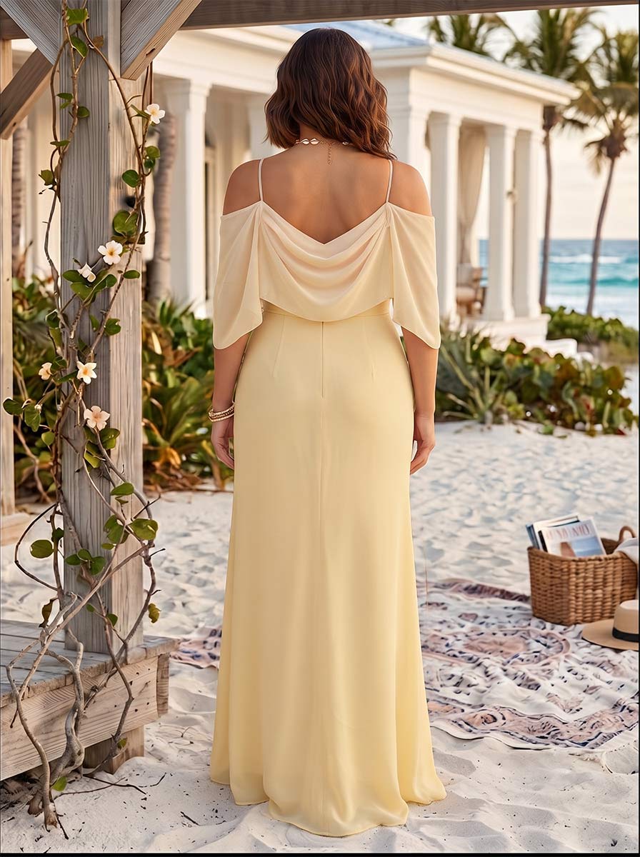 Sheath/Column Cold-Shoulder Half Sleeves Floor-Length Plus Size Bridesmaid Dresses With Ruched