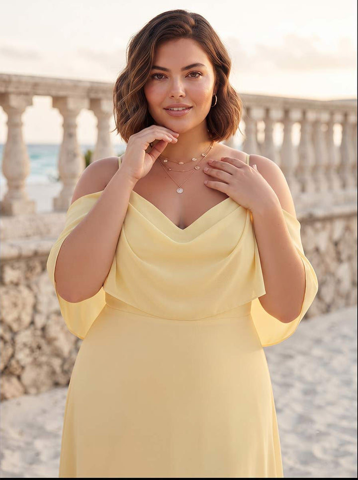 Sheath/Column Cold-Shoulder Half Sleeves Floor-Length Plus Size Bridesmaid Dresses With Ruched