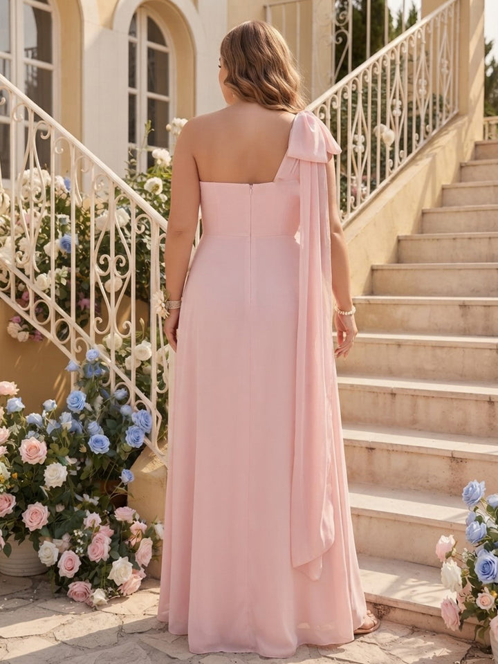 A-Line/Princess One-Shoulder Sleeveless Chiffon Floor-Length Plus Size Bridesmaid Dresses with Split Side &amp; Bowknot