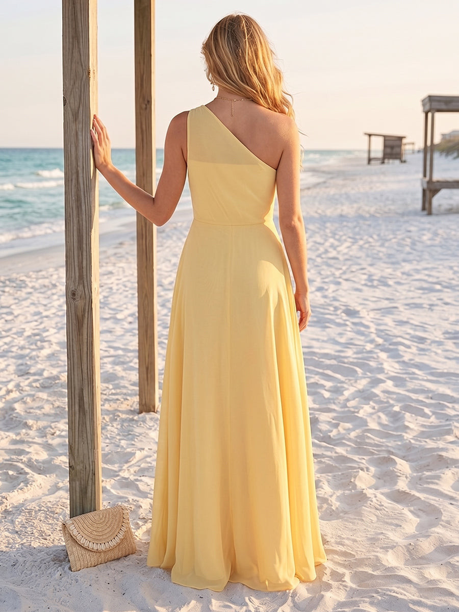 A-Line/Princess One-Shoulder Sleeveless Floor-Length Bridesmaid Dresses with Split Side &amp; Ruched