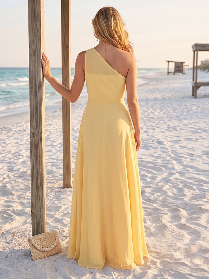 A-Line/Princess One-Shoulder Sleeveless Floor-Length Bridesmaid Dresses with Split Side &amp; Ruched