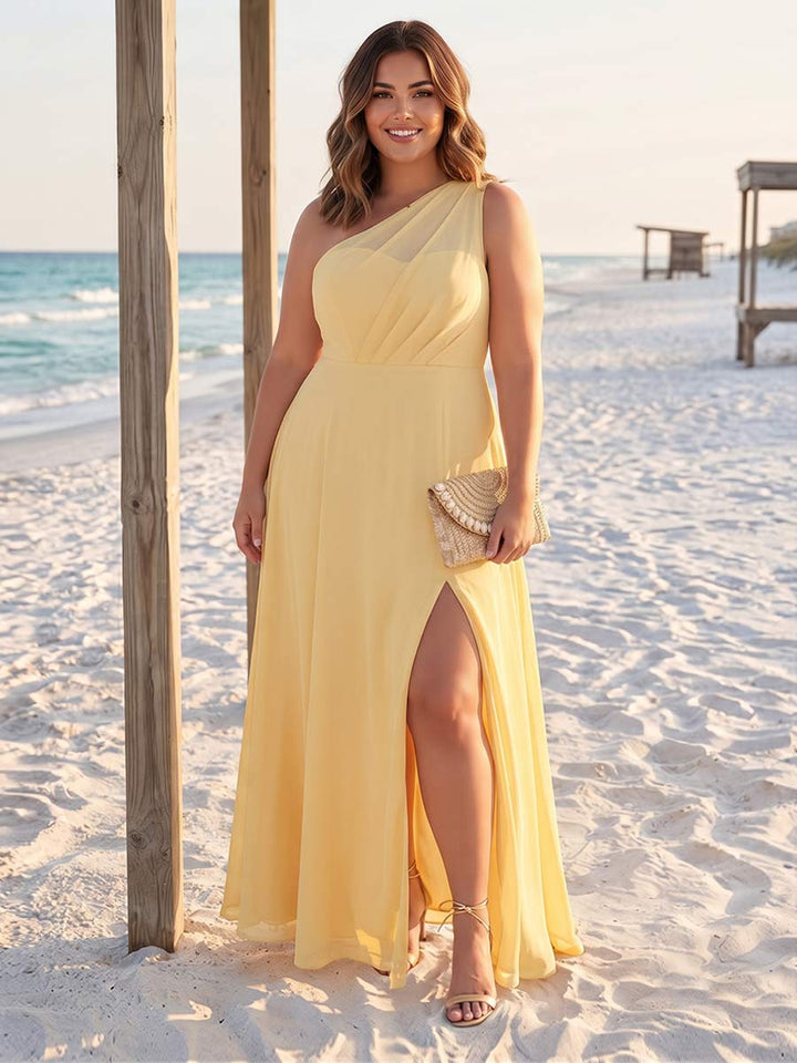 A-Line/Princess One-Shoulder Sleeveless Floor-Length Plus Size Bridesmaid Dresses with Split Side &amp; Ruched
