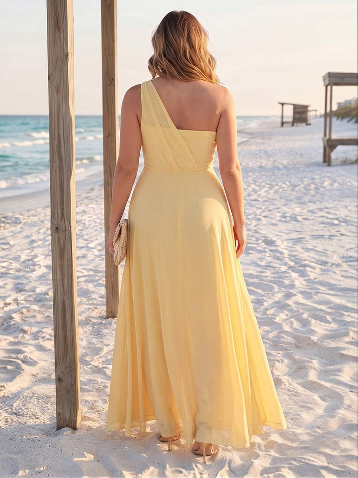 A-Line/Princess One-Shoulder Sleeveless Floor-Length Plus Size Bridesmaid Dresses with Split Side &amp; Ruched