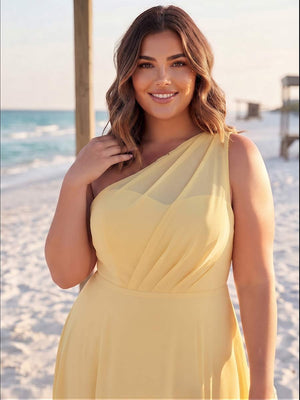 A-Line/Princess One-Shoulder Sleeveless Floor-Length Plus Size Bridesmaid Dresses with Split Side & Ruched