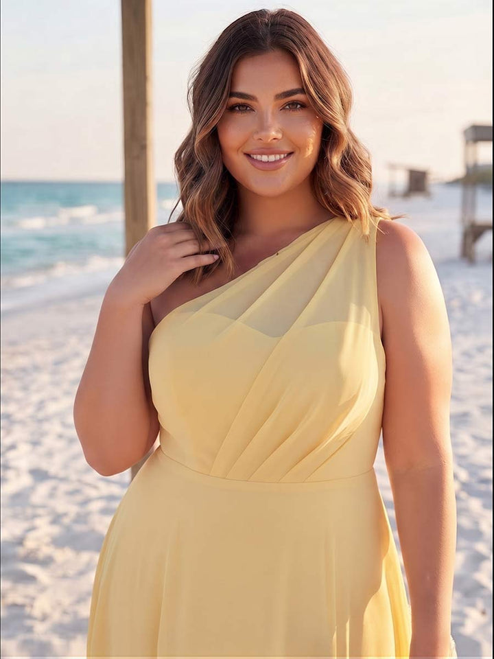 A-Line/Princess One-Shoulder Sleeveless Floor-Length Plus Size Bridesmaid Dresses with Split Side &amp; Ruched
