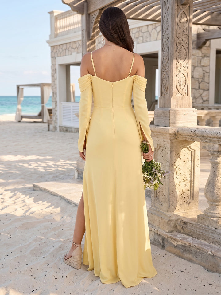 Sheath/Column Off-the-Shoulder Long Sleeves Floor-Length Bridesmaid Dresses With Ruched &amp; Split Side