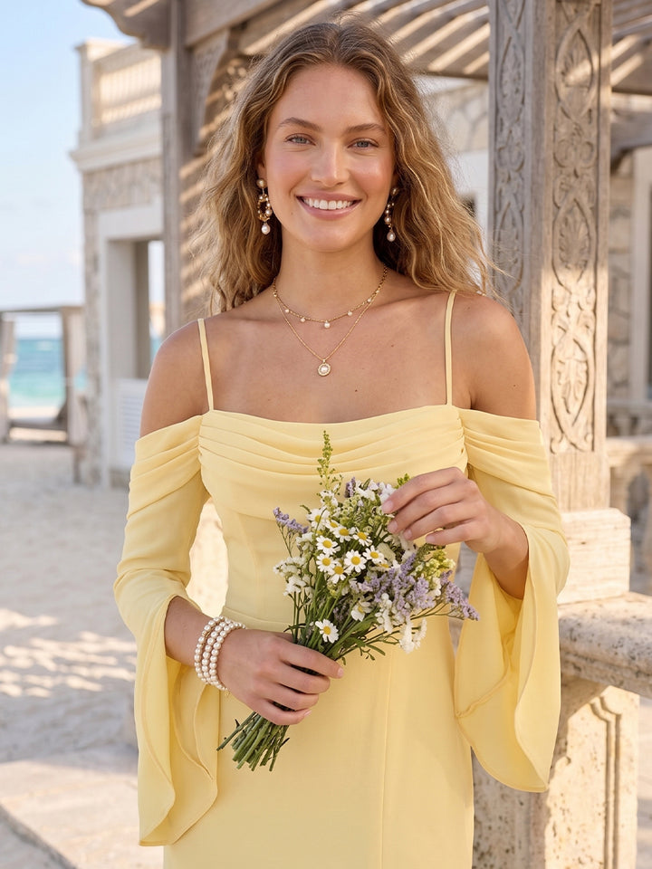 Sheath/Column Off-the-Shoulder Long Sleeves Floor-Length Bridesmaid Dresses With Ruched &amp; Split Side