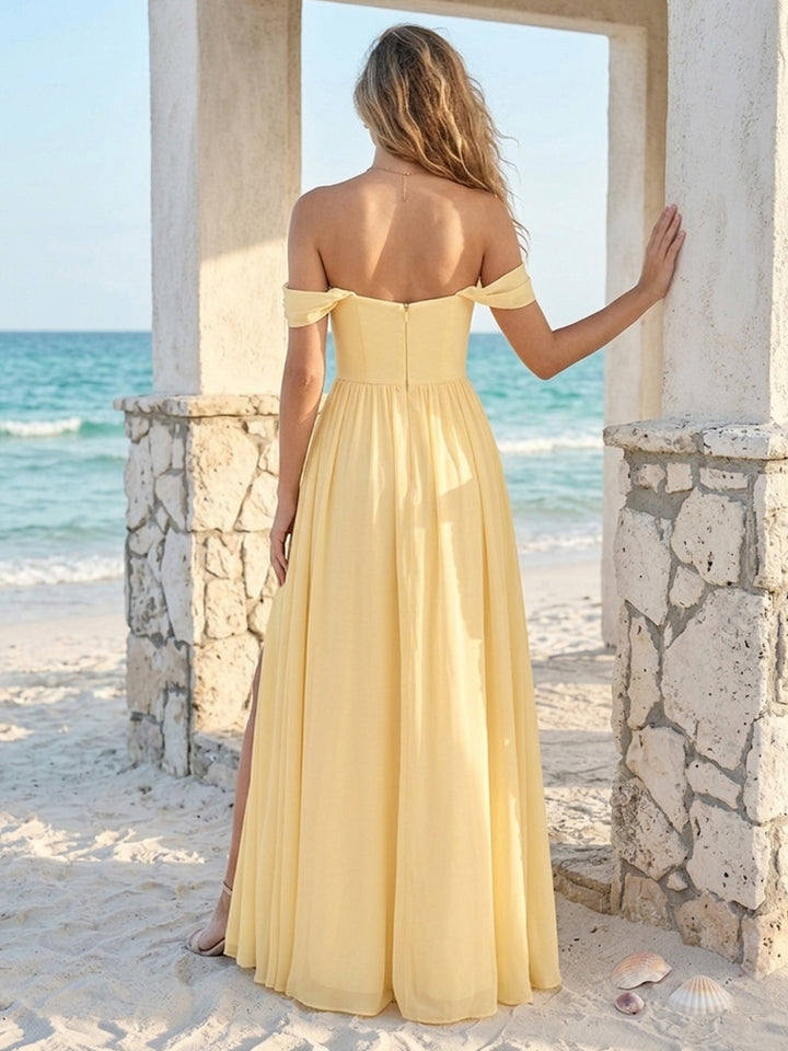 A-Line/Princess Off-the-Shoulder Sleeveless Floor-Length Bridesmaid Dresses With Ruched &amp; Split Side