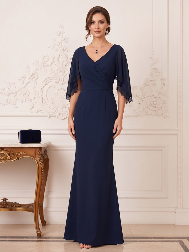 Trumpet/Mermaid V-Neck Flutter Sleeves Floor-length Mother of the Bride Dresses with Lace &amp; Pleats