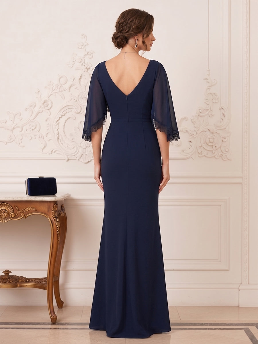 Trumpet/Mermaid V-Neck Flutter Sleeves Floor-length Mother of the Bride Dresses with Lace &amp; Pleats
