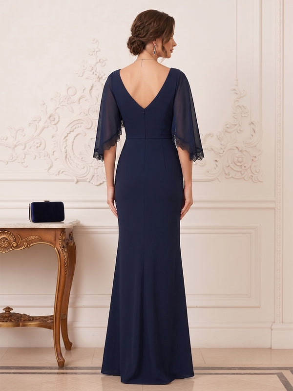 Trumpet/Mermaid V-Neck Flutter Sleeves Floor-length Mother of the Bride Dresses with Lace & Pleats