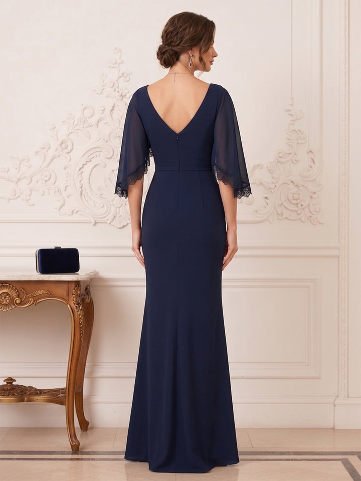 Trumpet/Mermaid V-Neck Flutter Sleeves Floor-length Mother of the Bride Dresses with Lace &amp; Pleats