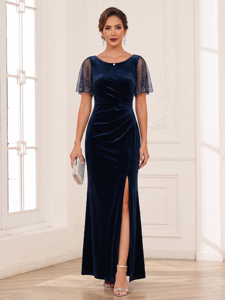 Sheath/Column Scoop Flutter Sleeves Floor-length Mother of the Bride Dresses with Split Side &amp; Beading