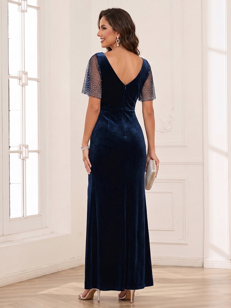 Sheath/Column Scoop Flutter Sleeves Floor-length Mother of the Bride Dresses with Split Side &amp; Beading