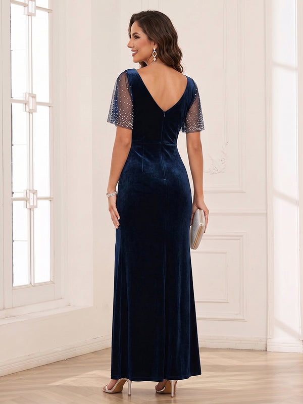 Sheath/Column Scoop Flutter Sleeves Floor-length Mother of the Bride Dresses with Split Side & Beading