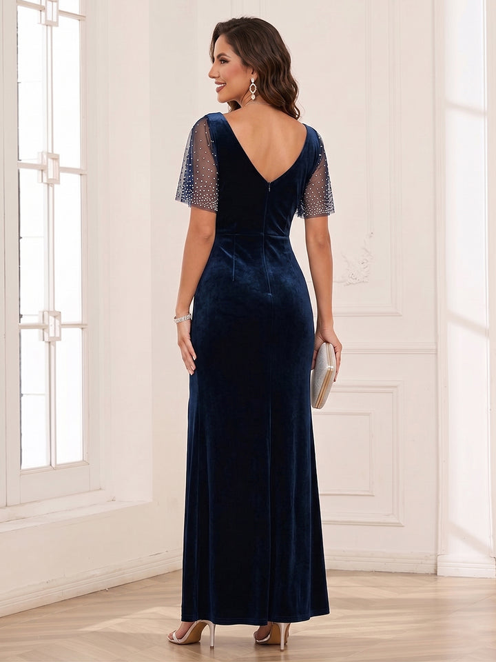 Sheath/Column Scoop Flutter Sleeves Floor-length Mother of the Bride Dresses with Split Side &amp; Beading