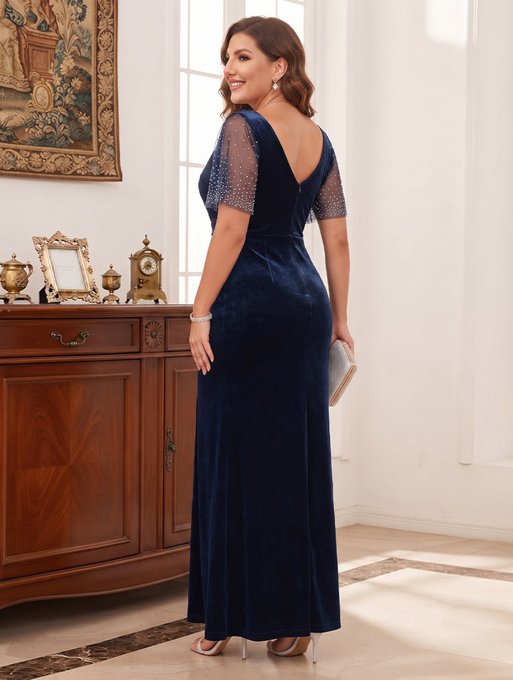 Sheath/Column Scoop Flutter Sleeves Floor-length Plus Size Mother of the Bride Dresses with Split Side &amp; Beading