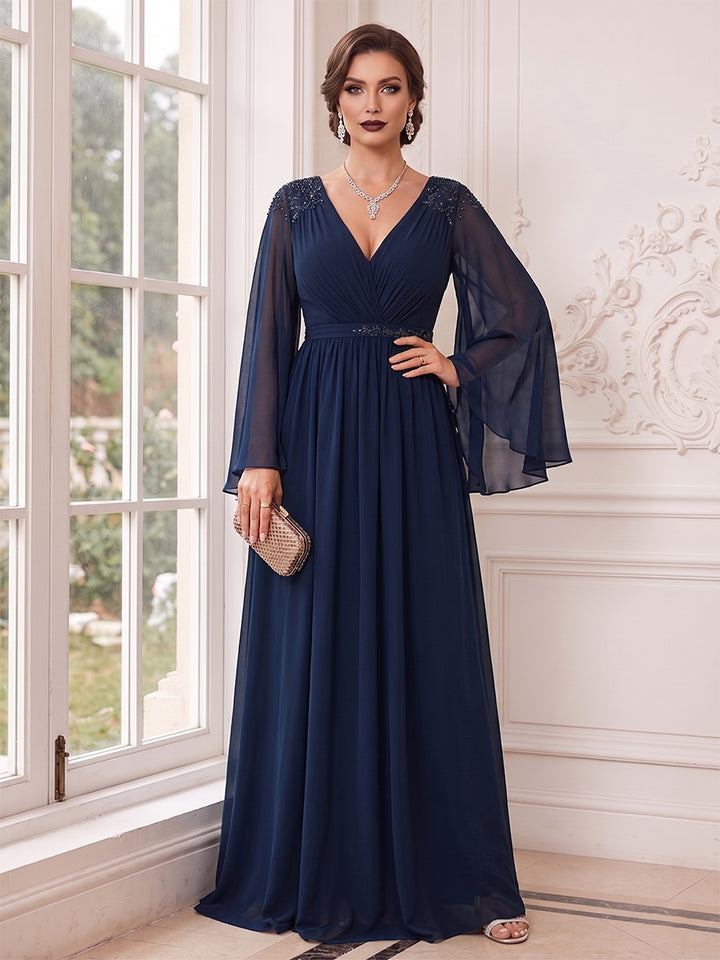 A-Line/Princess V-Neck Flutter Sleeves Floor-length Mother of the Bride Dresses with Lace &amp; Applique