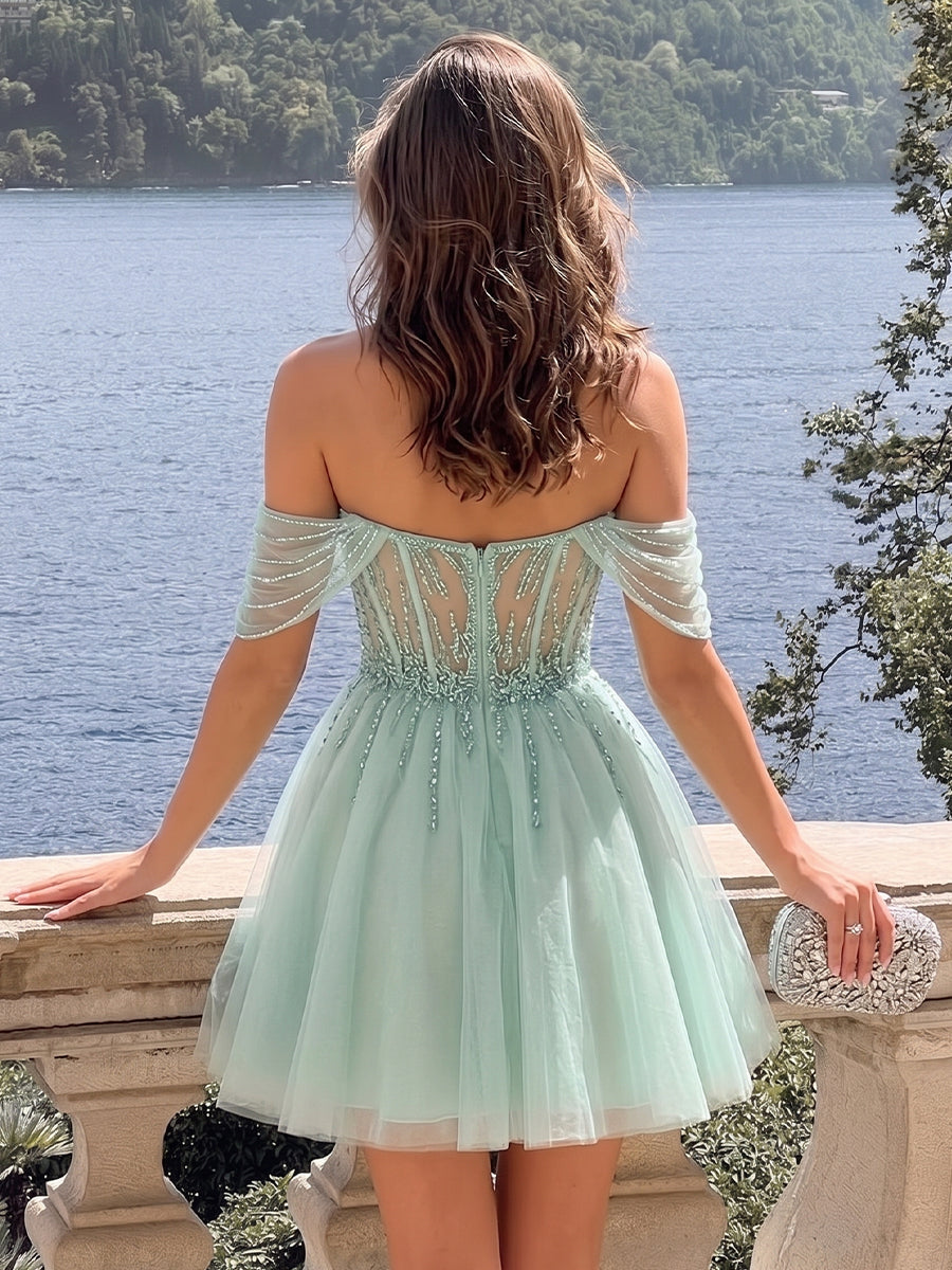 A-Line/Princess Off-the-Shoulder Sleeveless Short/Mini Homecoming Dresses with Beading &amp; Sequins