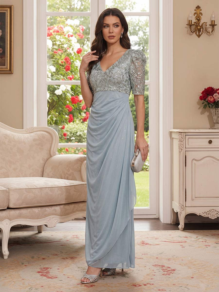 Sheath/Column V-Neck Half Sleeves Ankle-Length Mother of the Bride Dresses with Applique &amp; Ruffles