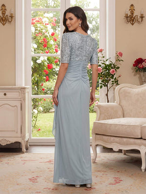 Sheath/Column V-Neck Half Sleeves Ankle-Length Mother of the Bride Dresses with Applique & Ruffles