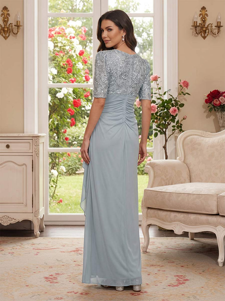 Sheath/Column V-Neck Half Sleeves Ankle-Length Mother of the Bride Dresses with Applique &amp; Ruffles