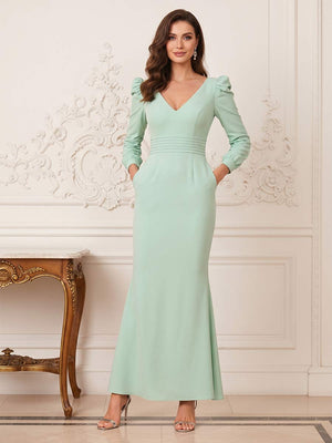 Trumpet/Mermaid V-Neck Long Sleeves Ankle-Length Mother of the Bride Dresses with Pleats