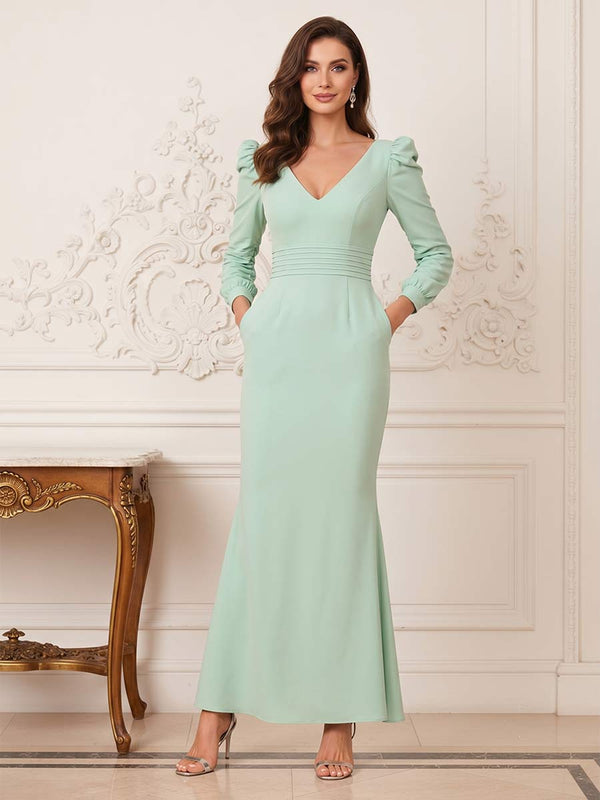Trumpet/Mermaid V-Neck Long Sleeves Ankle-Length Mother of the Bride Dresses with Pleats