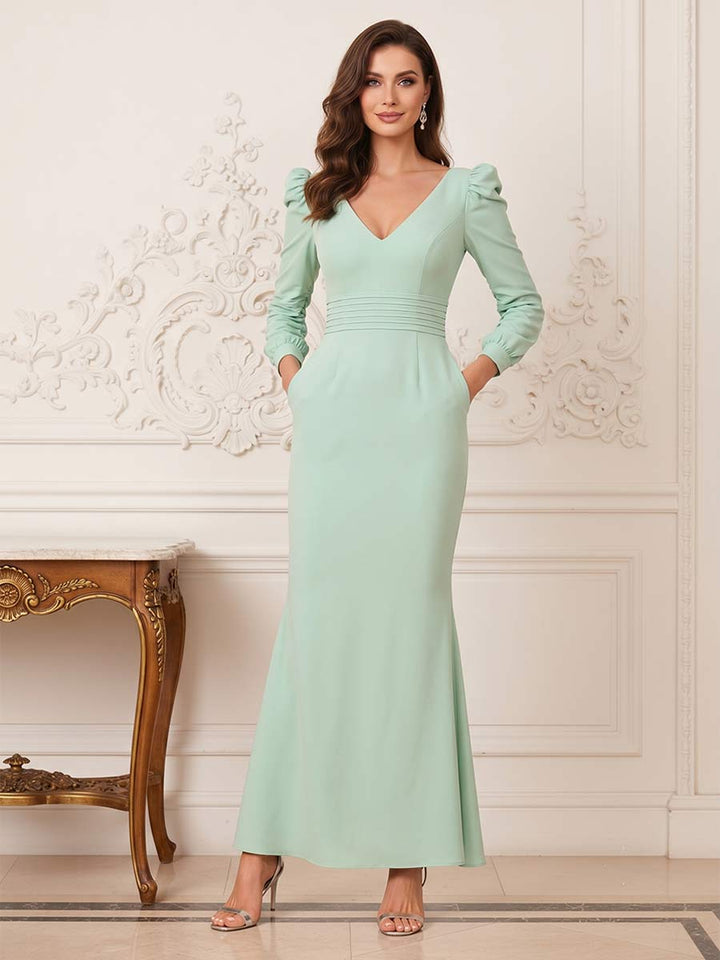Trumpet/Mermaid V-Neck Long Sleeves Ankle-Length Mother of the Bride Dresses with Pleats