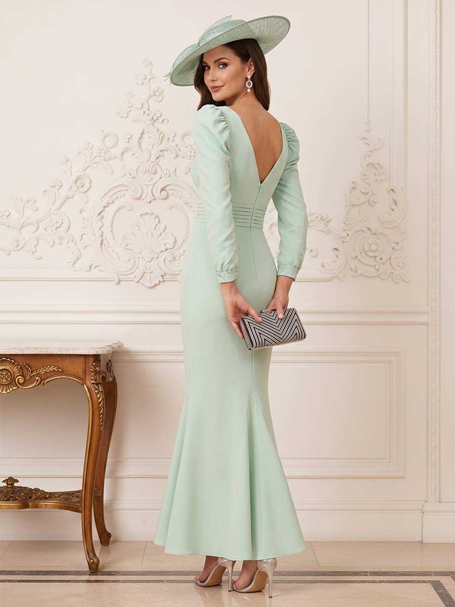 Trumpet/Mermaid V-Neck Long Sleeves Ankle-Length Mother of the Bride Dresses with Pleats