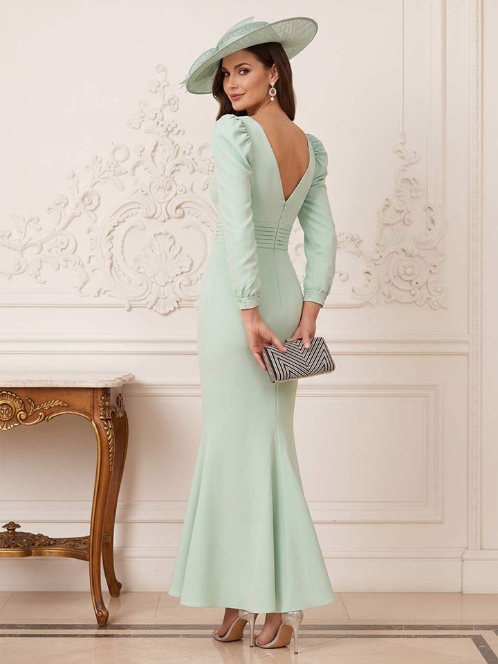 Trumpet/Mermaid V-Neck Long Sleeves Ankle-Length Mother of the Bride Dresses with Pleats