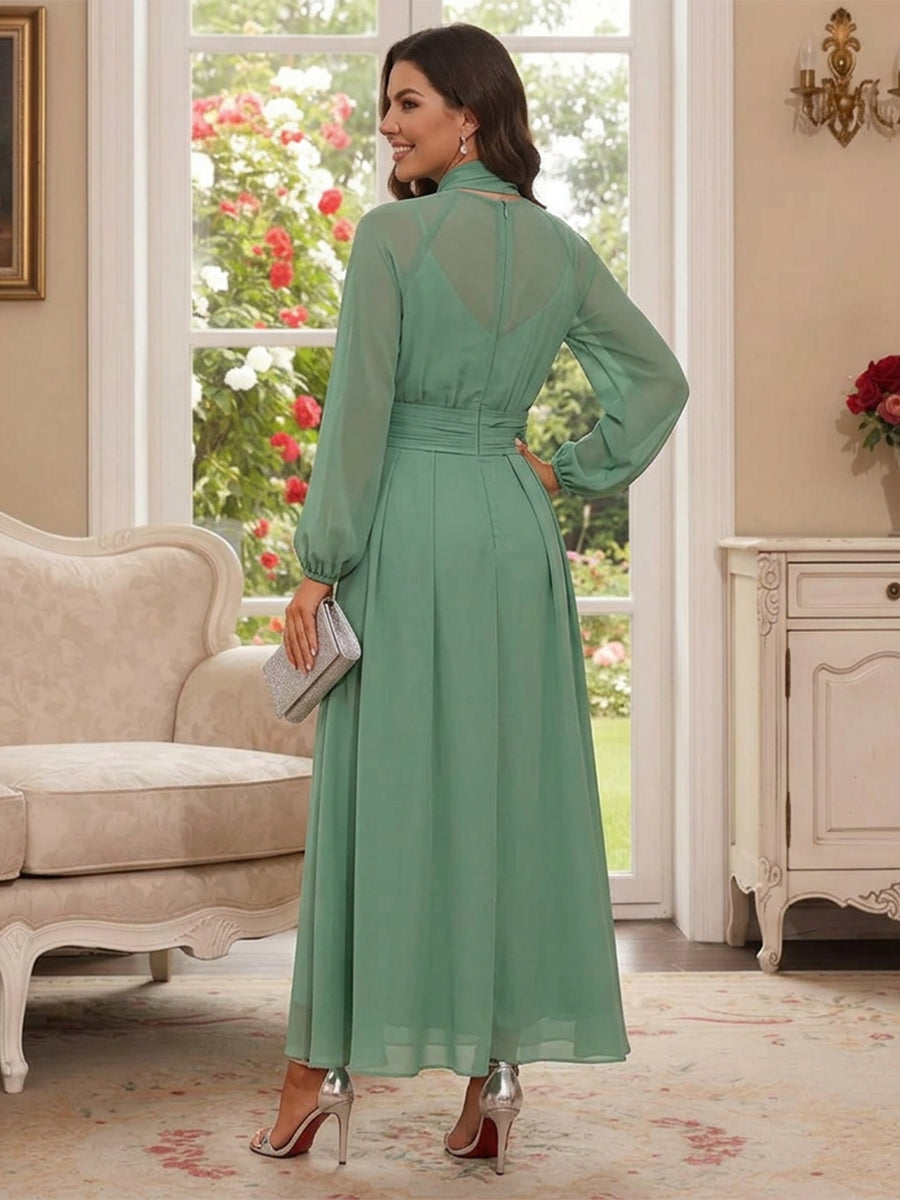 A-Line/Princess High Neck Long Sleeves Ankle-Length Mother of the Bride Dresses with Scarf &amp; Ruched