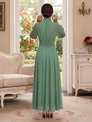A-Line/Princess High Neck Long Sleeves Ankle-Length Mother of the Bride Dresses with Scarf & Ruched