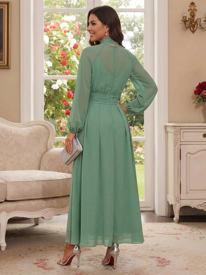 A-Line/Princess High Neck Long Sleeves Ankle-Length Mother of the Bride Dresses with Scarf &amp; Ruched
