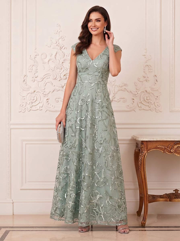 A-Line/Princess V-Neck Cap Sleeves Floor-Length Mother of the Bride Dresses with Applique
