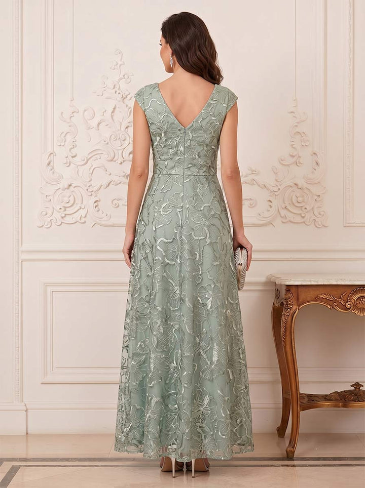 A-Line/Princess V-Neck Cap Sleeves Floor-Length Mother of the Bride Dresses with Applique