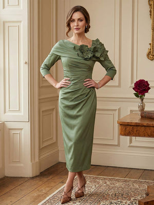 Sheath/Column Asymmetric Tea-Length 3/4 Sleeves Mother of the Bride Dresses with 3D Floral & Pleated
