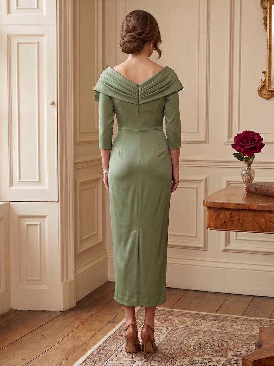 Sheath/Column Asymmetric Tea-Length 3/4 Sleeves Mother of the Bride Dresses with 3D Floral &amp; Pleated