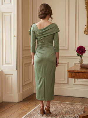 Sheath/Column Asymmetric Tea-Length 3/4 Sleeves Mother of the Bride Dresses with 3D Floral & Pleated